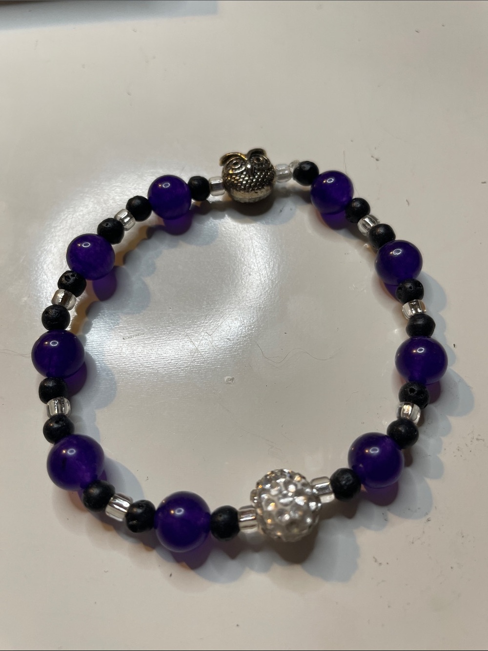 Purple Beaded Bracelet with Silver Owl and Rhinestone Accent